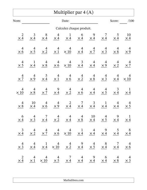 Multiplier (1 à 10) par 4 (100 Questions) (Tout)