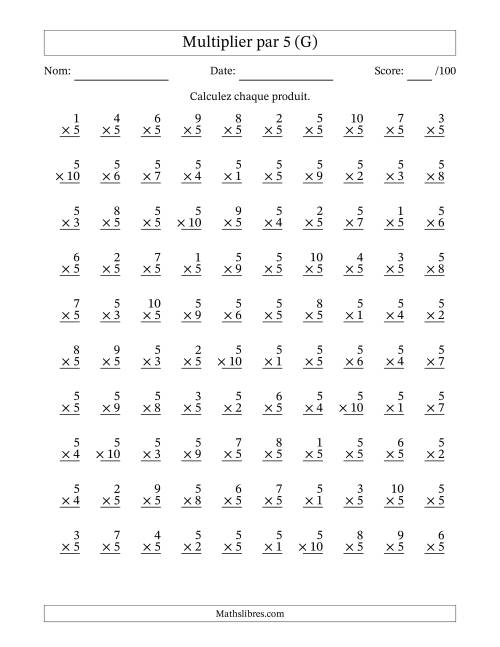 Multiplier (1 à 10) par 5 (100 Questions) (G)