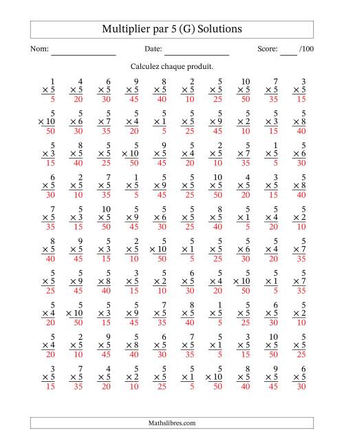 Multiplier (1 à 10) par 5 (100 Questions) (G) page 2