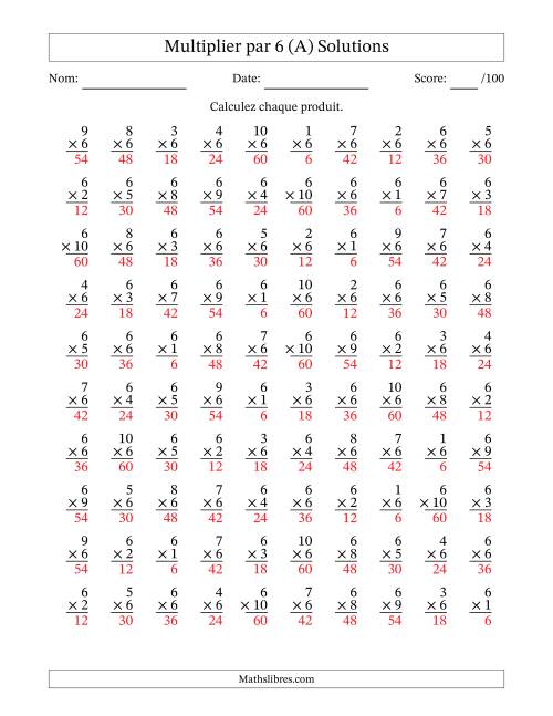 Multiplier (1 à 10) par 6 (100 Questions) (A) page 2