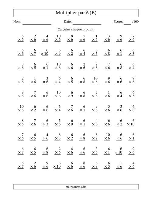 Multiplier (1 à 10) par 6 (100 Questions) (B)