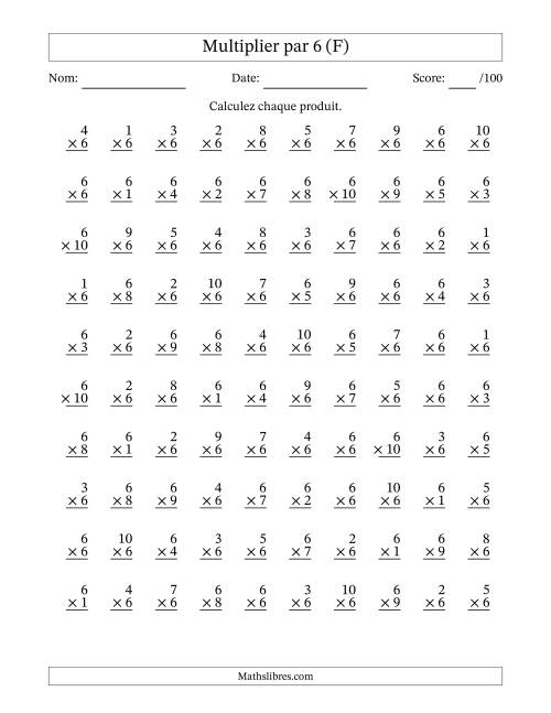 Multiplier (1 à 10) par 6 (100 Questions) (F)