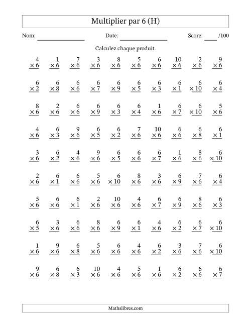 Multiplier (1 à 10) par 6 (100 Questions) (H)