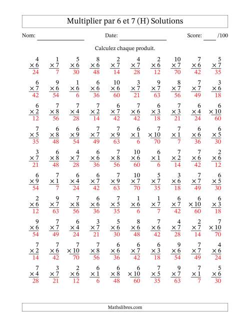Multiplier (1 à 10) par 6 et 7 (100 Questions) (H) page 2