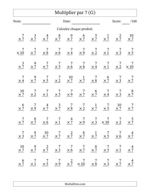 Multiplier (1 à 10) par 7 (100 Questions) (G)