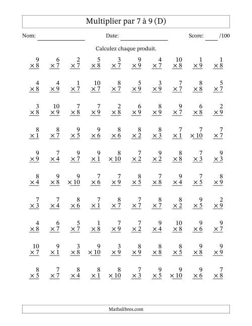 Multiplier (1 à 10) par 7 à 9 (100 Questions) (D)