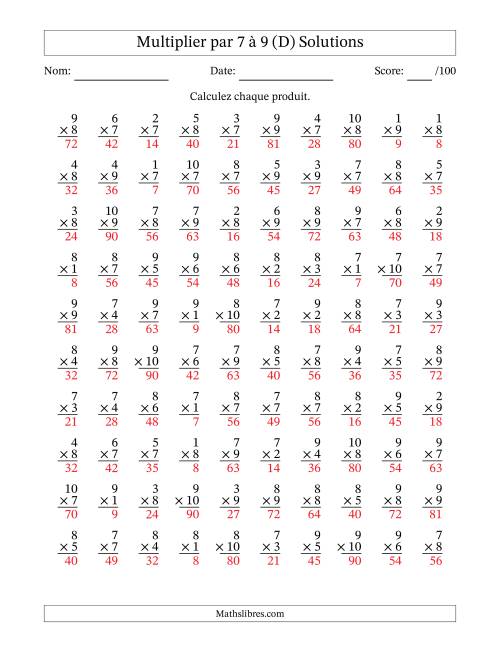 Multiplier (1 à 10) par 7 à 9 (100 Questions) (D) page 2