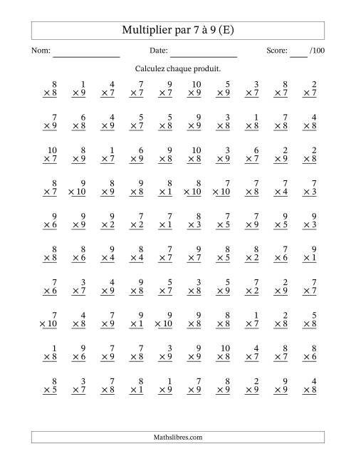 Multiplier (1 à 10) par 7 à 9 (100 Questions) (E)