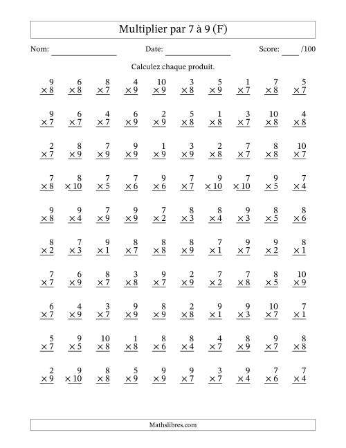 Multiplier (1 à 10) par 7 à 9 (100 Questions) (F)