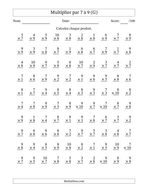 Multiplier (1 à 10) par 7 à 9 (100 Questions) (G)