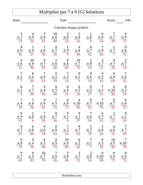 Multiplier (1 à 10) par 7 à 9 (100 Questions) (G) page 2