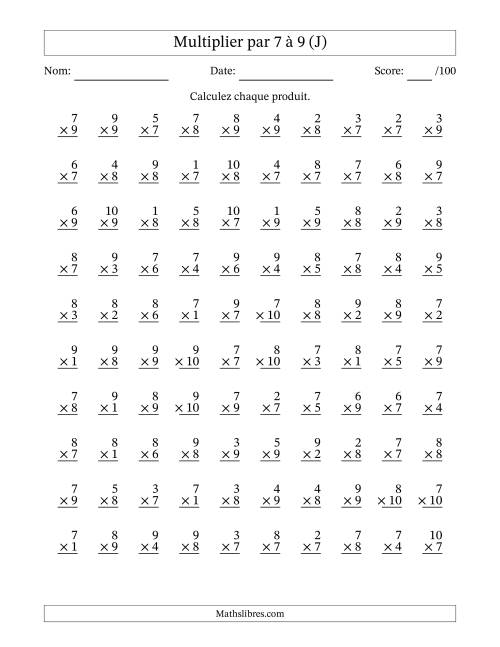 Multiplier (1 à 10) par 7 à 9 (100 Questions) (J)