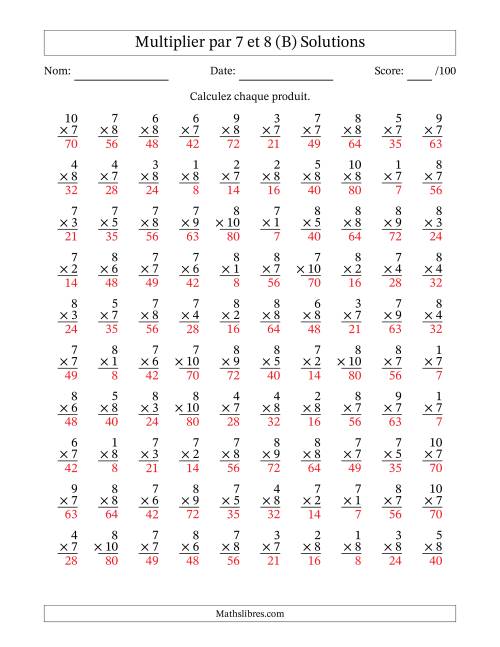 Multiplier (1 à 10) par 7 et 8 (100 Questions) (B) page 2