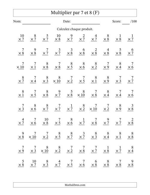 Multiplier (1 à 10) par 7 et 8 (100 Questions) (F)