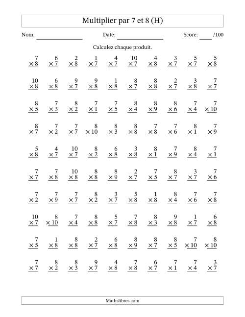 Multiplier (1 à 10) par 7 et 8 (100 Questions) (H)