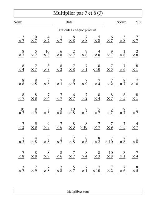Multiplier (1 à 10) par 7 et 8 (100 Questions) (J)