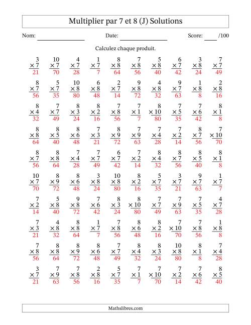 Multiplier (1 à 10) par 7 et 8 (100 Questions) (J) page 2