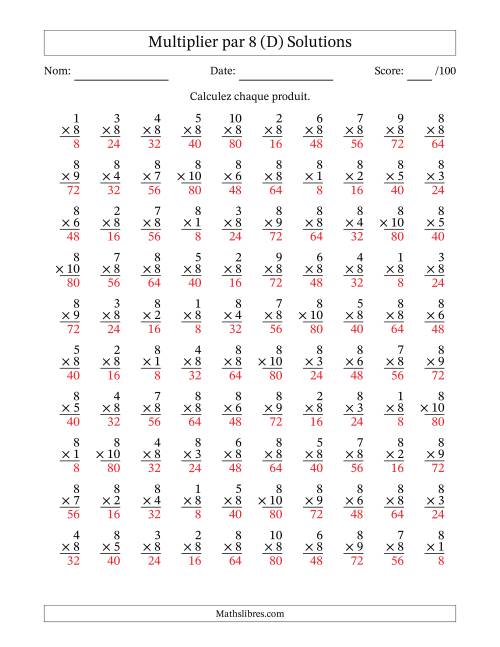 Multiplier (1 à 10) par 8 (100 Questions) (D) page 2