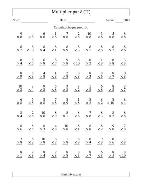 Multiplier (1 à 10) par 8 (100 Questions) (H)
