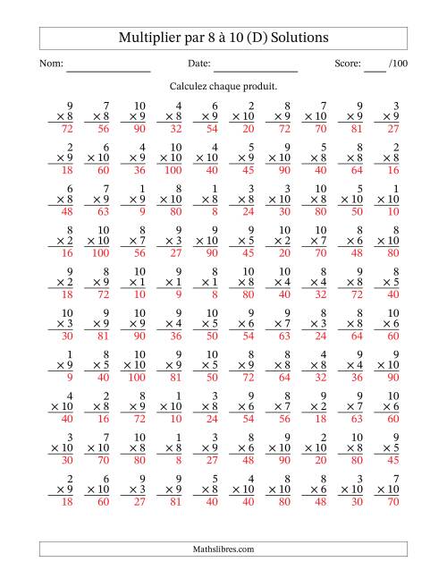 Multiplier (1 à 10) par 8 à 10 (100 Questions) (D) page 2