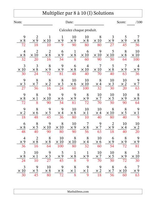 Multiplier (1 à 10) par 8 à 10 (100 Questions) (I) page 2