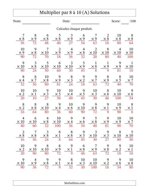 Multiplier (1 à 10) par 8 à 10 (100 Questions) (Tout) page 2