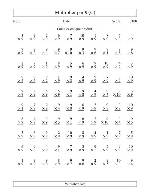 Multiplier (1 à 10) par 9 (100 Questions) (C)