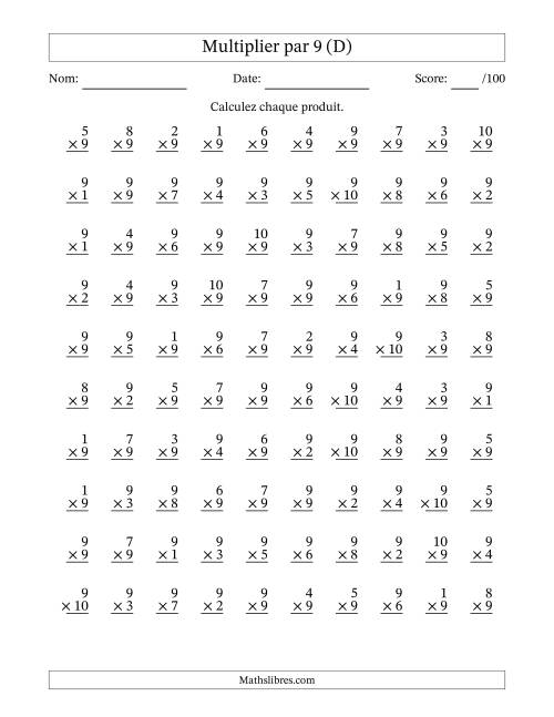 Multiplier (1 à 10) par 9 (100 Questions) (D)