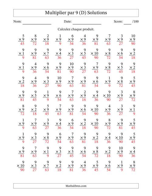 Multiplier (1 à 10) par 9 (100 Questions) (D) page 2