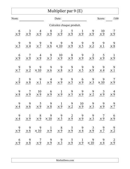 Multiplier (1 à 10) par 9 (100 Questions) (E)