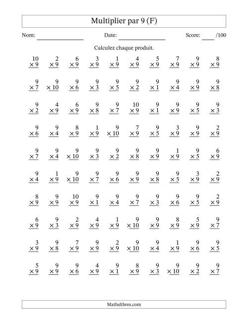 Multiplier (1 à 10) par 9 (100 Questions) (F)