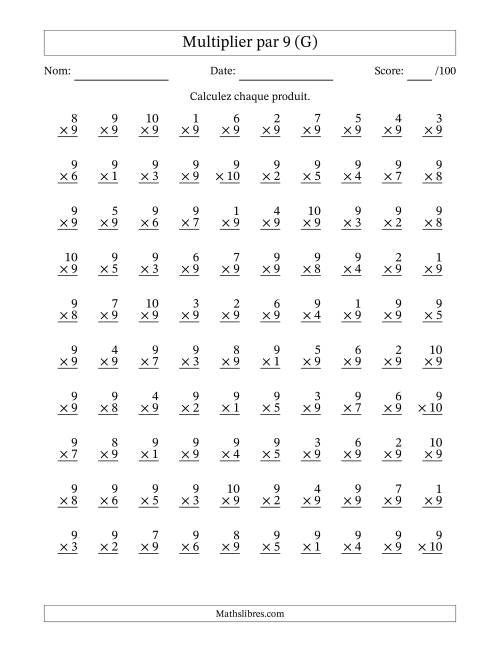 Multiplier (1 à 10) par 9 (100 Questions) (G)