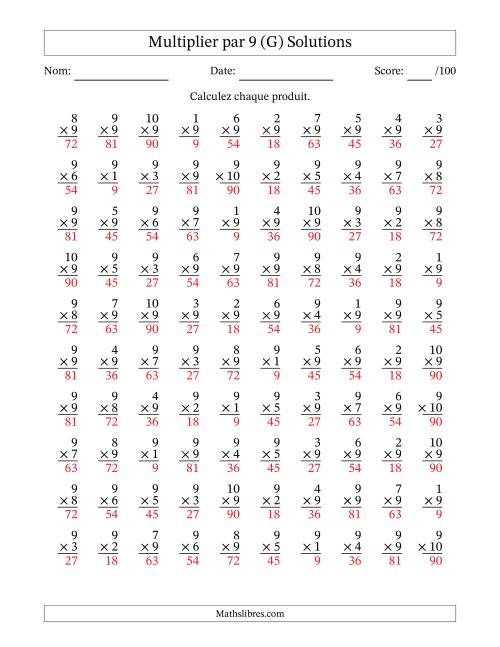 Multiplier (1 à 10) par 9 (100 Questions) (G) page 2