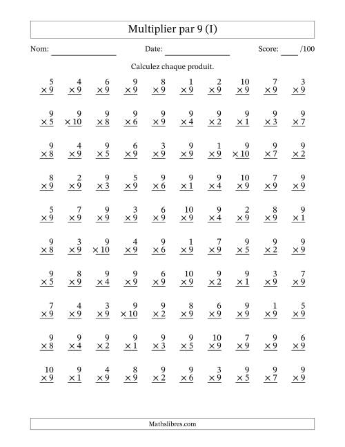 Multiplier (1 à 10) par 9 (100 Questions) (I)