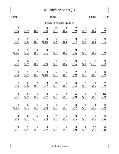 Multiplier (1 à 10) par 9 (100 Questions) (J)