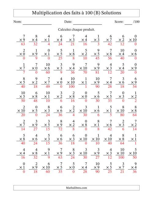 Multiplication des faits à 100 (100 Questions) (Avec zéros) (B) page 2