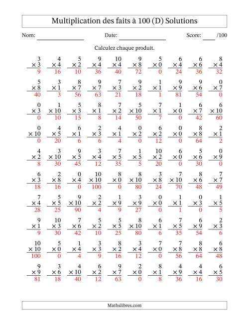 Multiplication des faits à 100 (100 Questions) (Avec zéros) (D) page 2