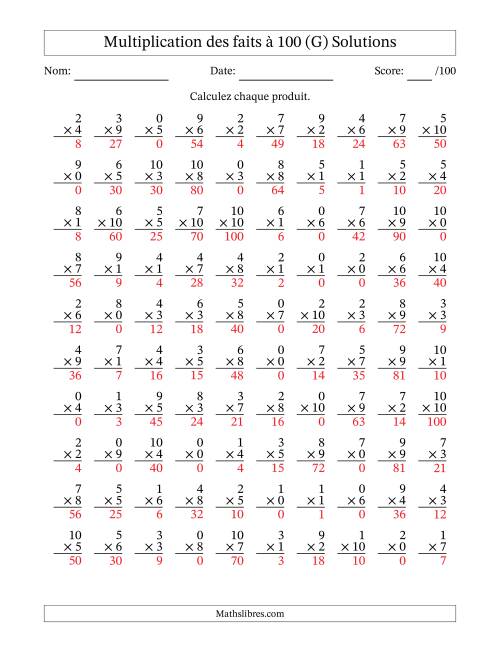 Multiplication des faits à 100 (100 Questions) (Avec zéros) (G) page 2
