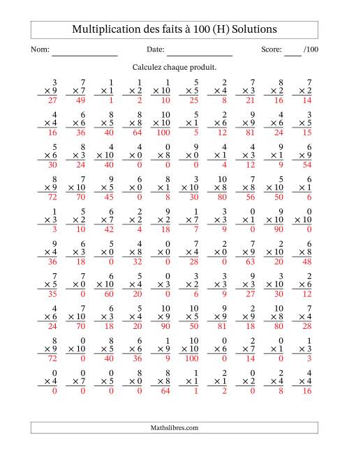 Multiplication des faits à 100 (100 Questions) (Avec zéros) (H) page 2