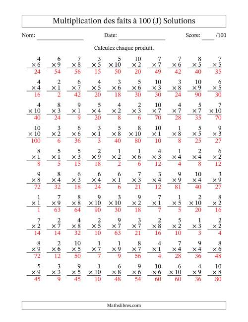 Multiplication des faits à 100 (100 Questions) (Pas de zéros) (J) page 2