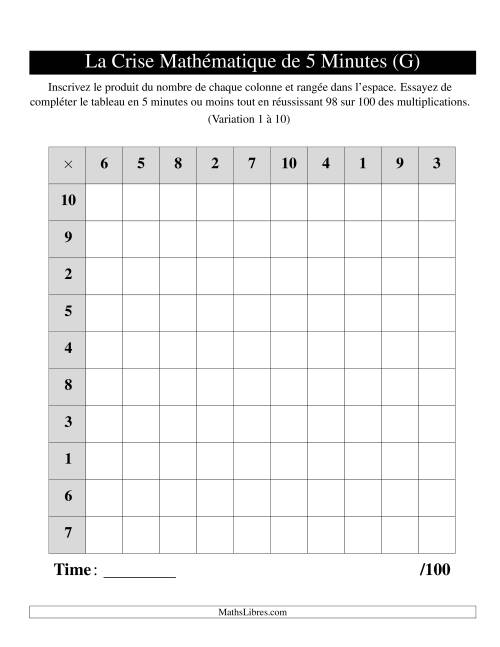 « La Crise Mathématique » de 5 Minutes -- Une grille par page (Variation 1 à 10) (G)