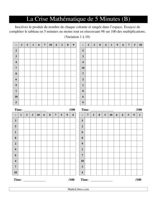 « La Crise Mathématique » de 5 Minutes -- 4 grilles par page (Variation 1 à 10) (B)