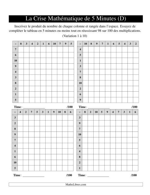 « La Crise Mathématique » de 5 Minutes -- 4 grilles par page (Variation 1 à 10) (D)