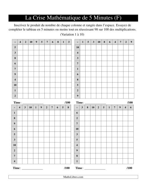 « La Crise Mathématique » de 5 Minutes -- 4 grilles par page (Variation 1 à 10) (F)