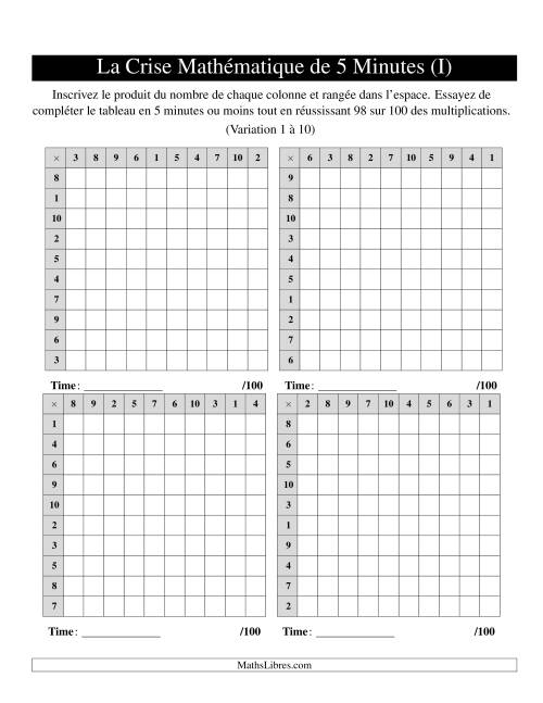 « La Crise Mathématique » de 5 Minutes -- 4 grilles par page (Variation 1 à 10) (I)