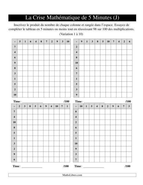 « La Crise Mathématique » de 5 Minutes -- 4 grilles par page (Variation 1 à 10) (J)