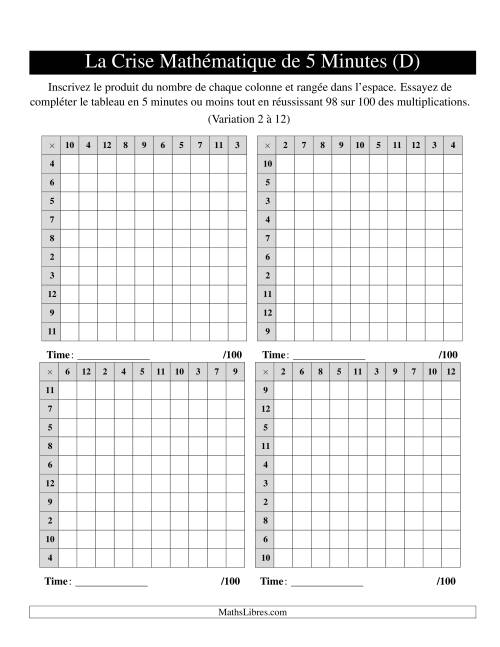 « La Crise Mathématique » de 5 Minutes -- 4 grilles par page (Variation 2 à 12) (D)