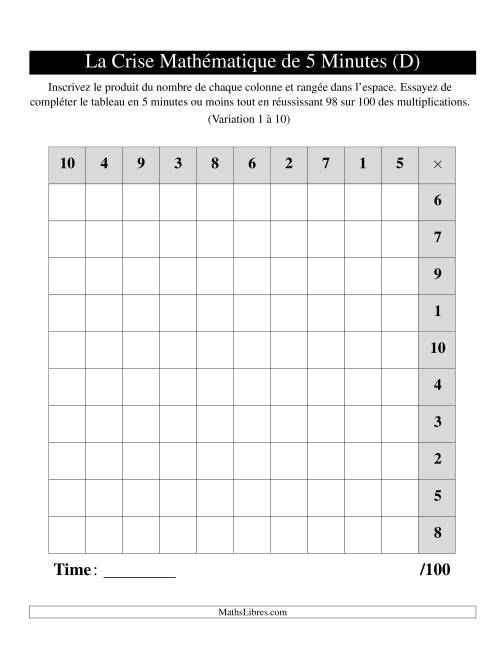 « La Crise Mathématique » de 5 Minutes -- Une grille par page (Variation 1 à 10) (Version gauche) (D)