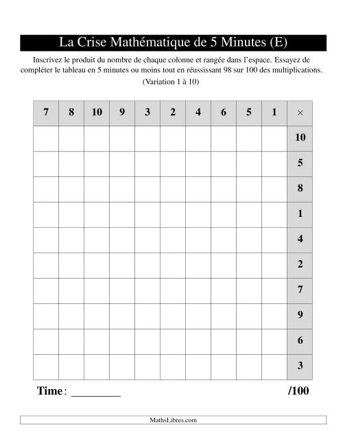 « La Crise Mathématique » de 5 Minutes -- Une grille par page (Variation 1 à 10) (Version gauche) (E)