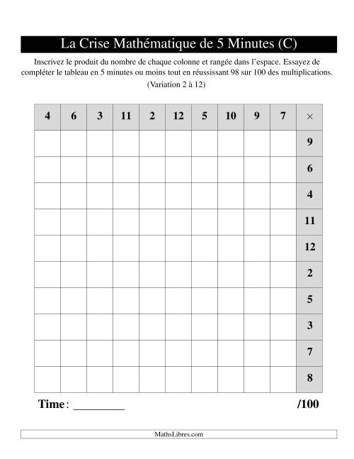« La Crise Mathématique » de 5 Minutes -- Une grille par page (Variation 2 à 12) (Version gauche) (C)